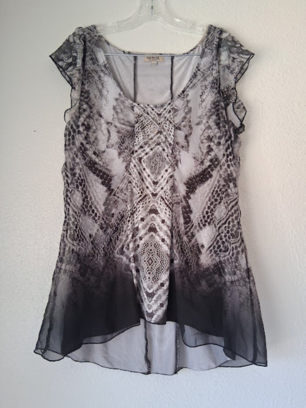 One World women's size L black and white sheer overlay blouse